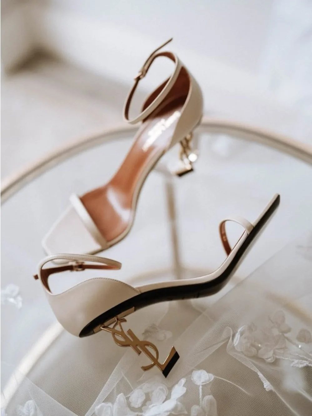 Saint Laurent Cream Leather Ankle-Strap Heels with Gold Logo Heel - Picture 4 of 6